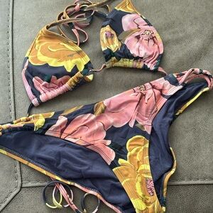 Pink and Yellow Floral Bikini Set with Swim Cap